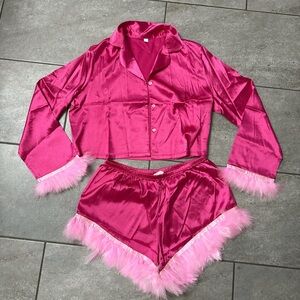 Pink Satin Feather Trim Pajama Set